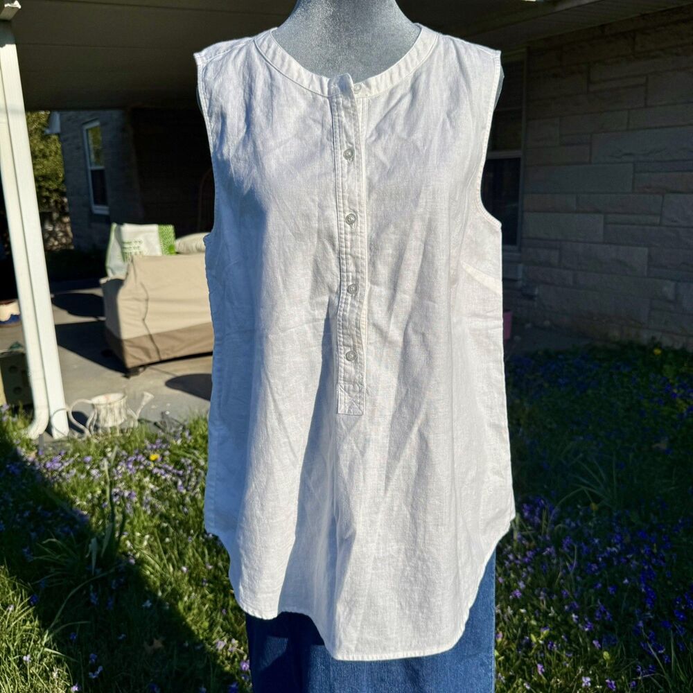 Vineyard Vines Tank Top Womens Sz 12 White Linen Cotton Blend 1/2 Button Popover